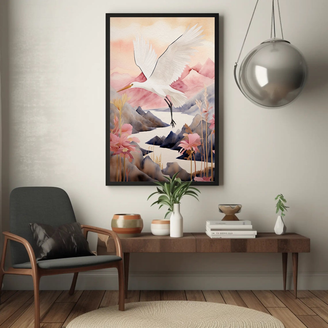 White Crane Flying Over Pink Mountains Lotus Watercolor Poster - Image 5