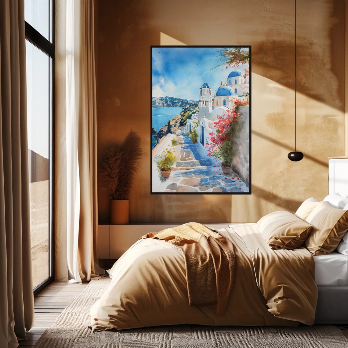Santorini Greece Blue Domes On Cliff Path Watercolor Travel Poster - Image 3