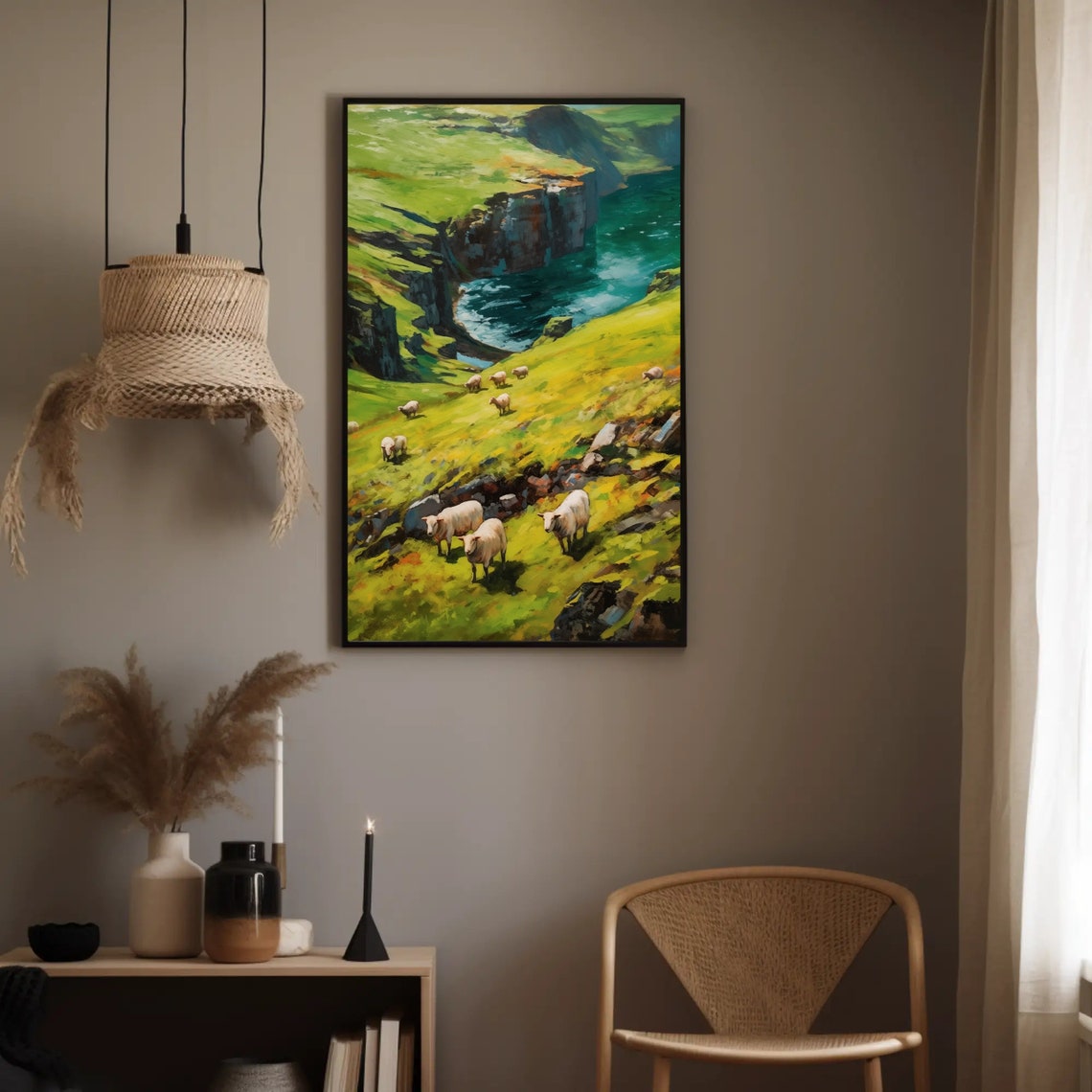 Sheep Grazing On Green Sea Cliffs Pastoral Coastal Landscape Poster - Image 2