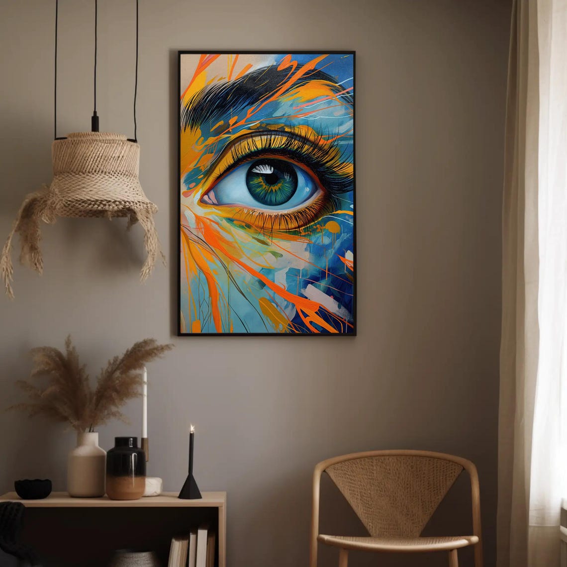 Abstract Blue Eye With Bold Orange And Gold Paint Splashes Wall Art - Image 2