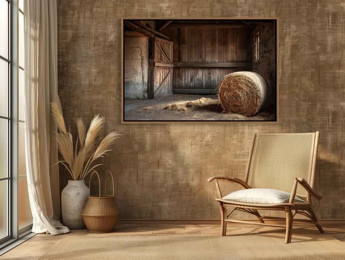 Weathered Old Barn Interior With Round Hay Bale Country Poster - Image 5