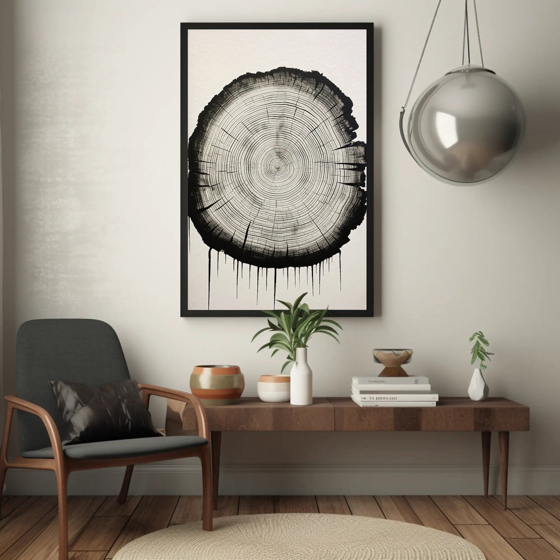 Tree Ring Cross Section in Black Ink Minimalist Botanical Print - Image 5