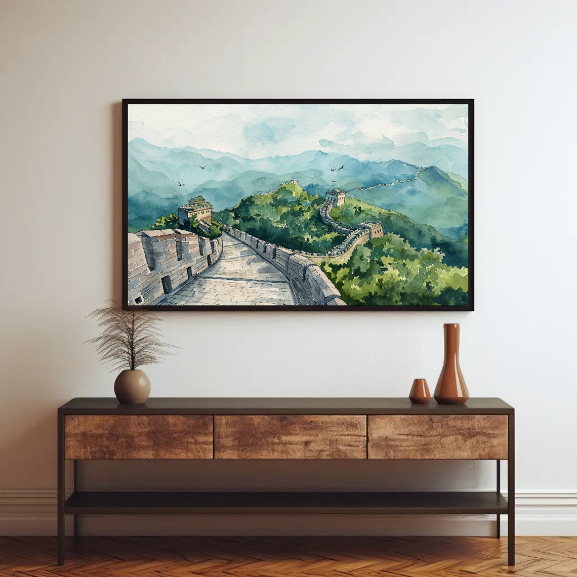 Great Wall Of China Misty Mountains Watercolor Landscape Poster - Image 2