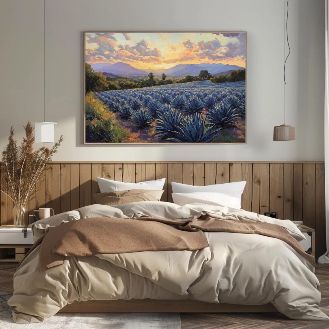 Blue Agave Fields At Golden Sunset Beneath Orange Clouds Poster - Image 3