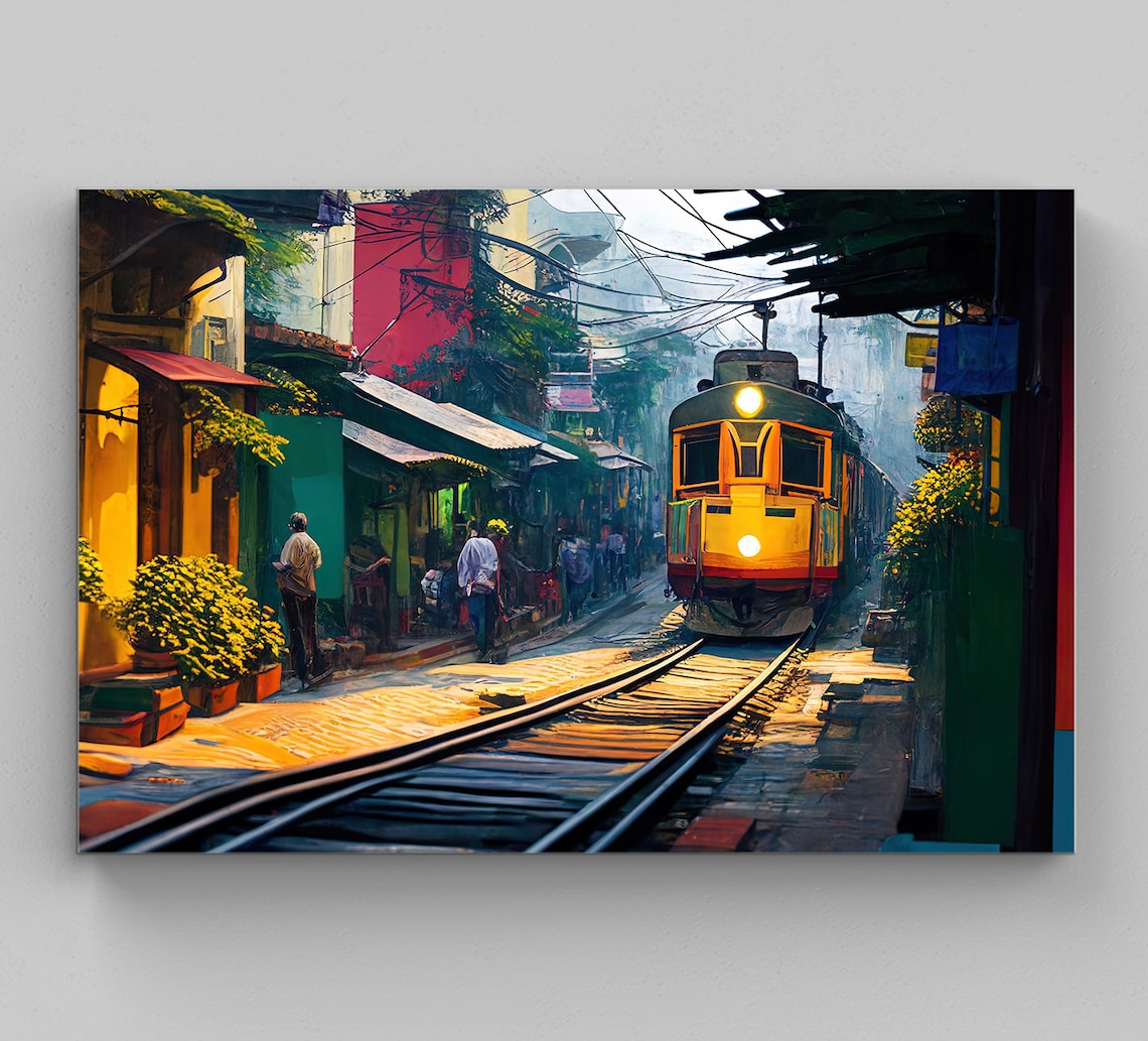 Hanoi Train Street Vietnam Yellow Train Narrow Alley Art Poster