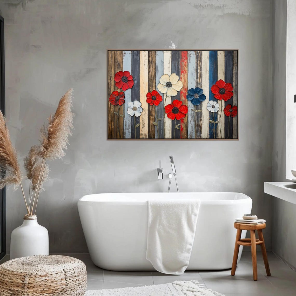 Red White And Blue Flowers On Rustic Wood Americana Art Poster - Image 3