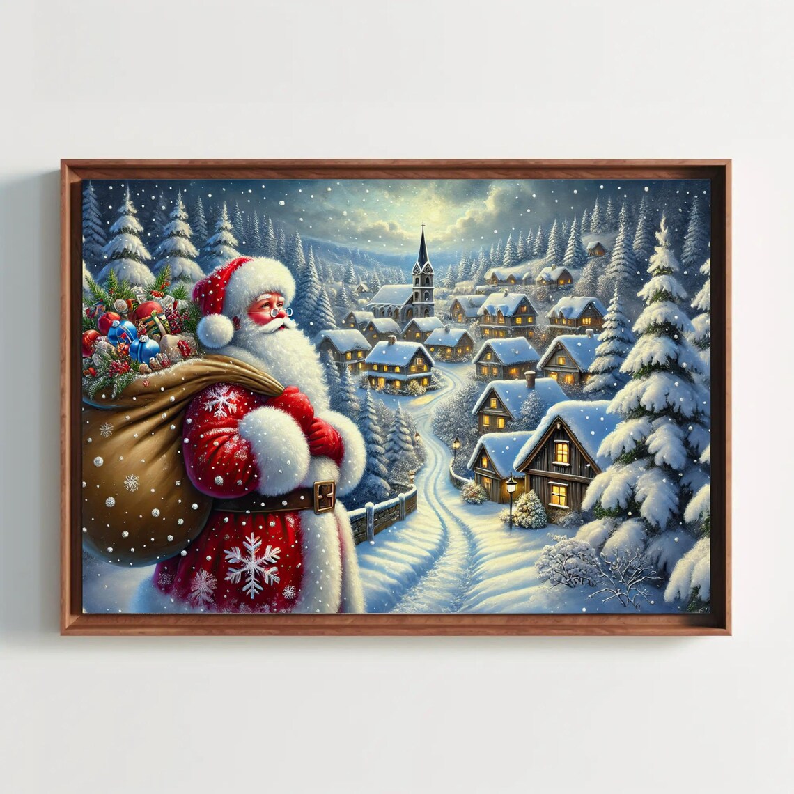 Santa Claus Overlooking A Snowy Christmas Village Night Poster
