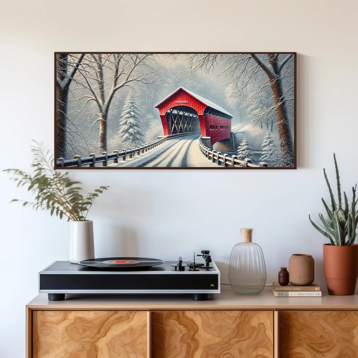 Red Covered Bridge In A Snowy Winter Wonderland Landscape Poster - Image 2