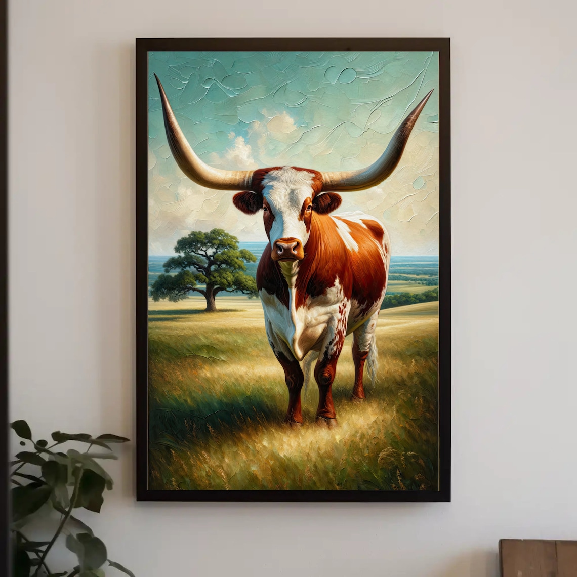 Texas Longhorn Cow In Golden Meadow Rustic Oil Painting Poster