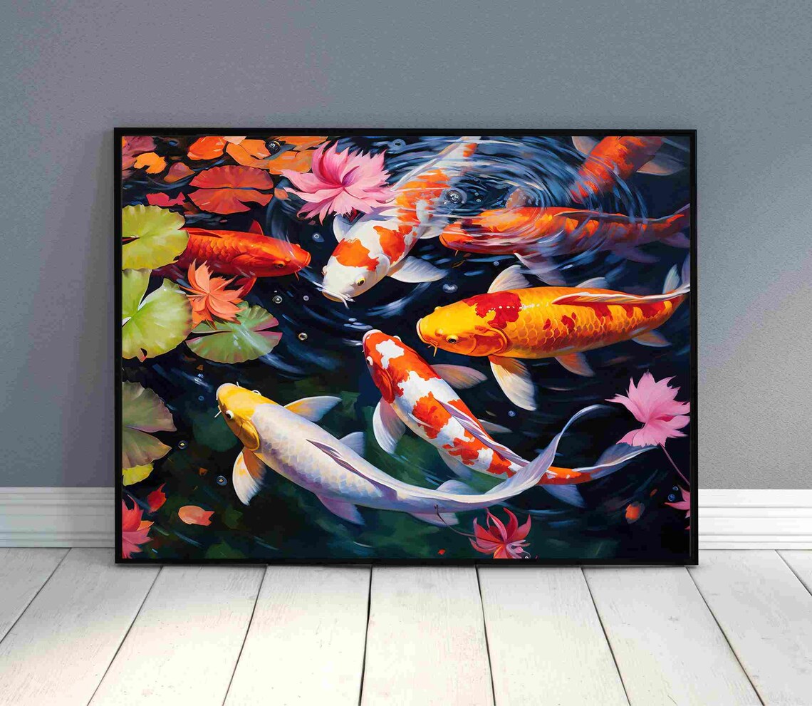 Colorful Koi Fish Pond Oil Painting Art Print - Image 2