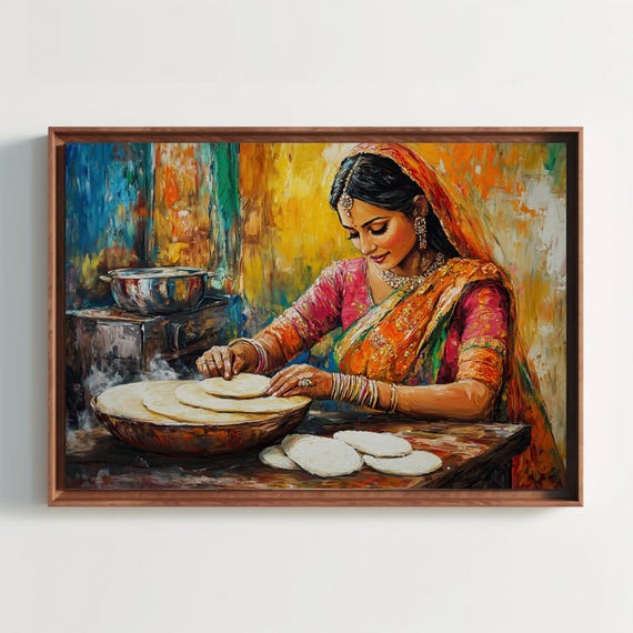 Indian Woman Cooking Print Traditional Kitchen Oil Painting Extra Large Horizontal Indian Wall Art For Dining Room Or Home