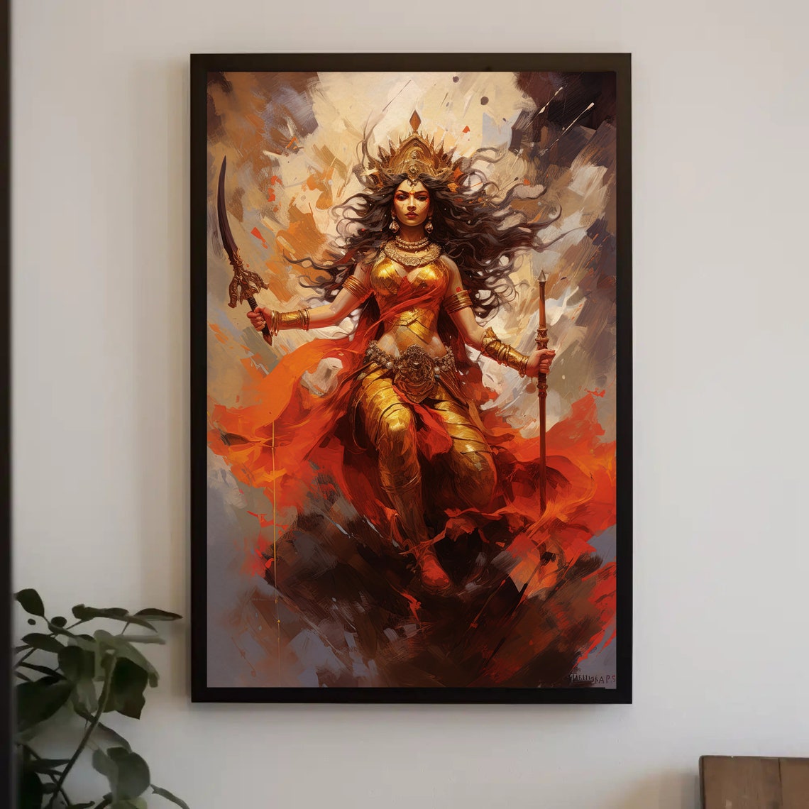 Warrior Goddess Durga In Red And Gold Holding Sword Art Poster