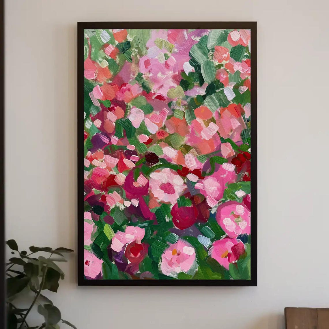 Pink Roses Abstract Impasto Garden Floral Brushwork Painting Wall Art