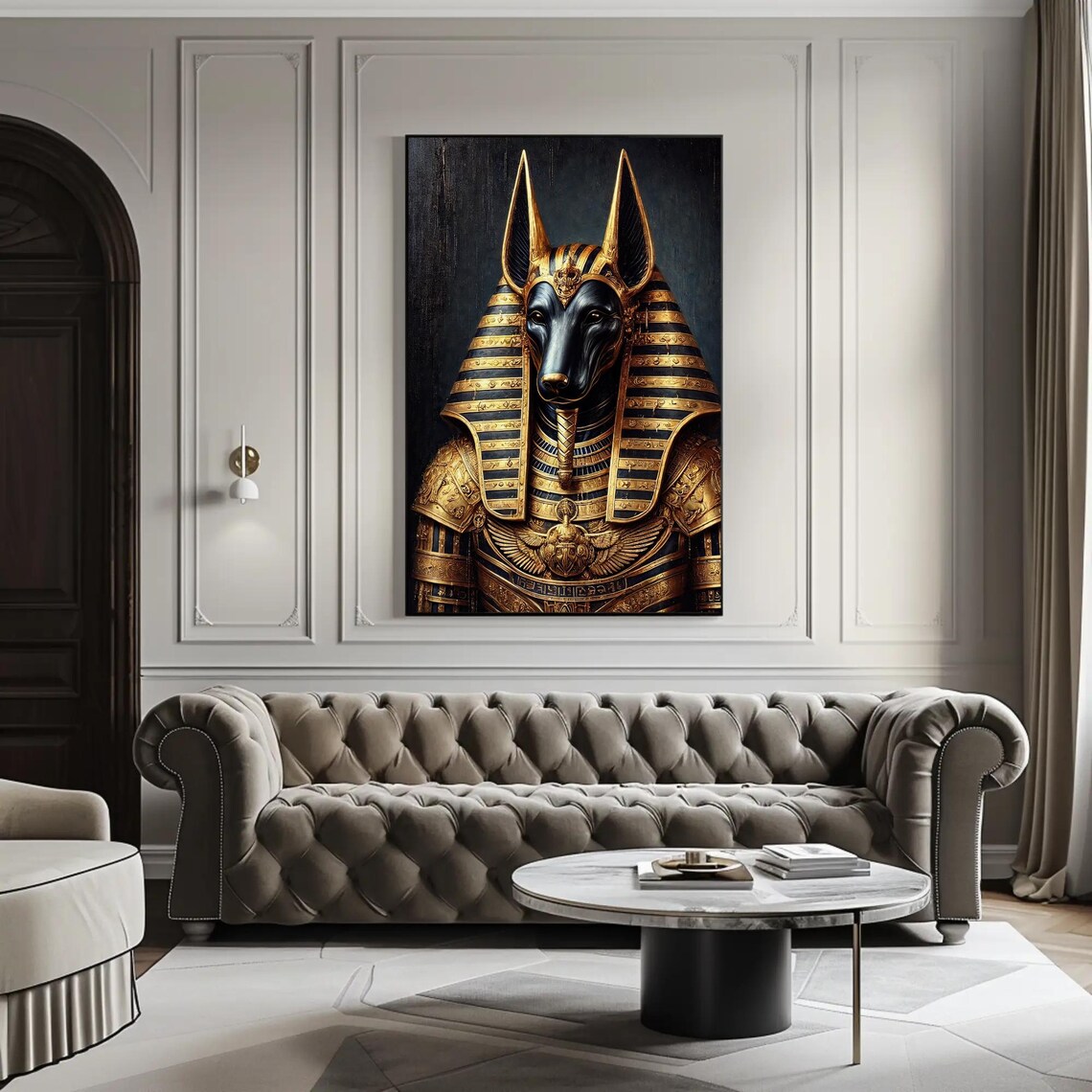 Golden Anubis Portrait with Striped Pharaonic Headdress on Black Poster - Image 3