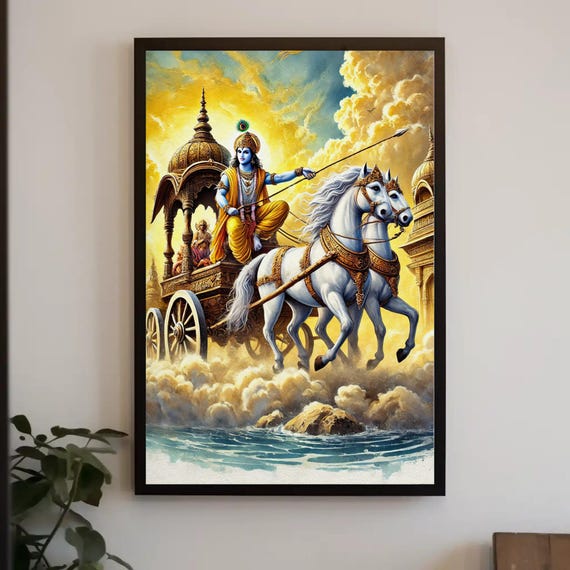 Lord Krishna And Arjuna Painting Print Mahabharata Epic Wall Art Hindu Spiritual Decor Indian Mythology Artwork Ready To Hang