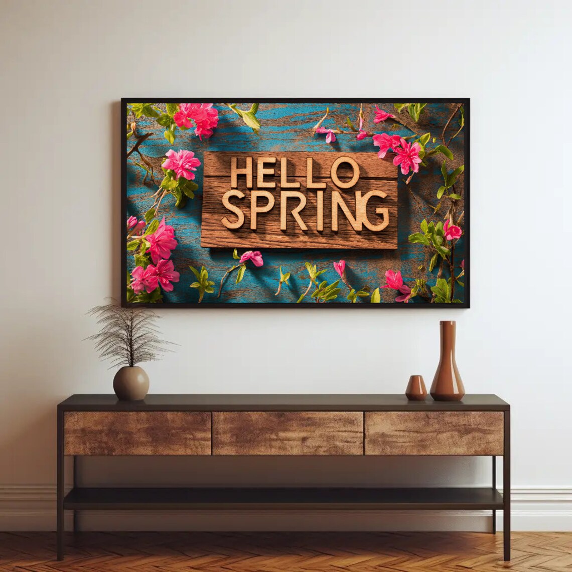Hello Spring Wooden Sign Teal Planks Pink Blossom Decor Poster - Image 2
