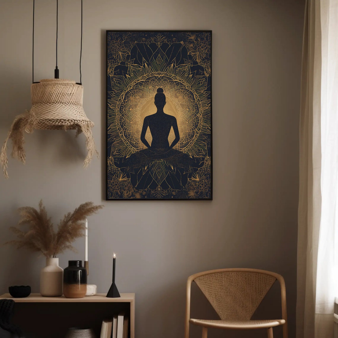 Meditating Yogi Silhouette Back View on Gold Mandala Yoga Wall Poster - Image 4