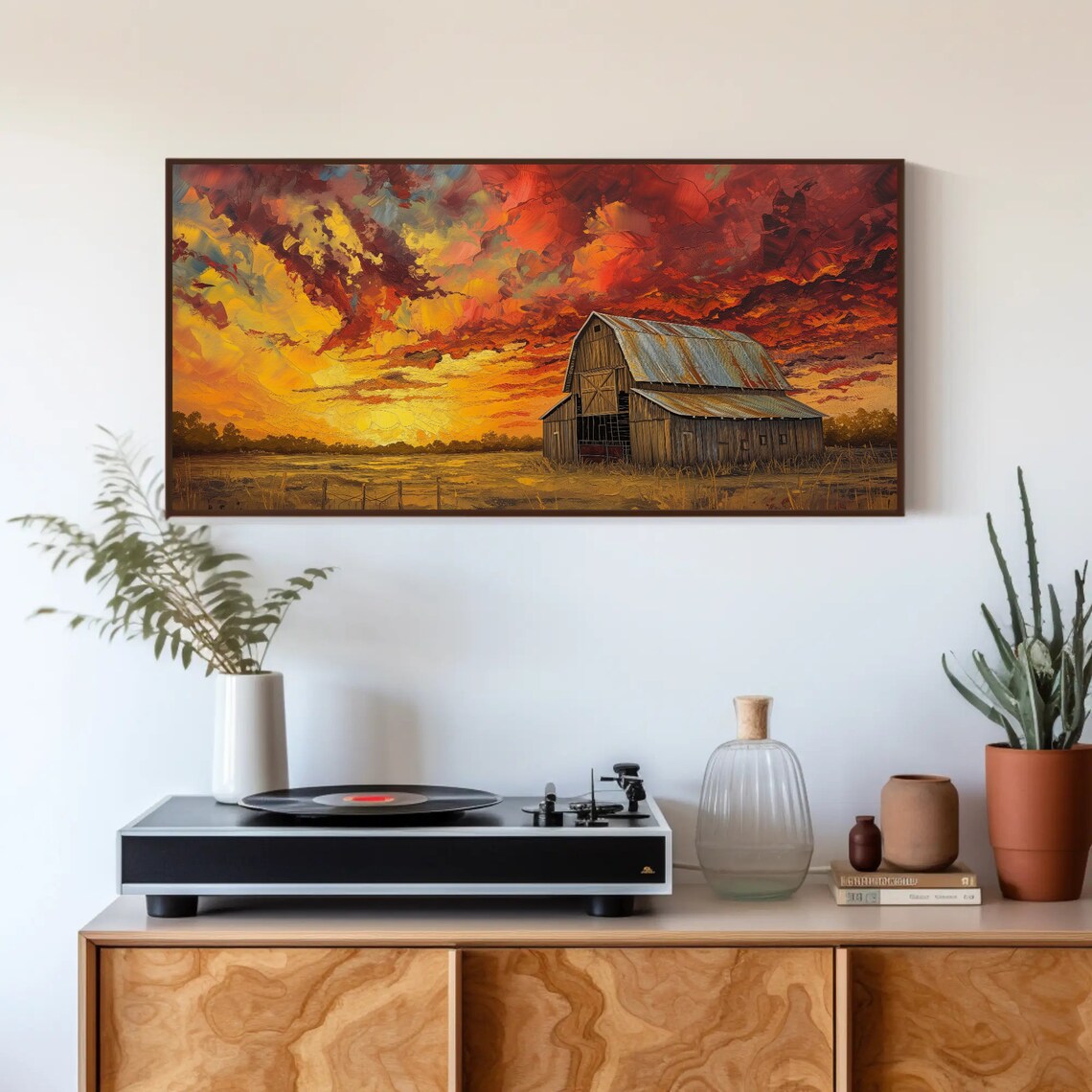 Weathered Wooden Barn Fiery Orange Sunset Sky Oil Painting Poster - Image 4