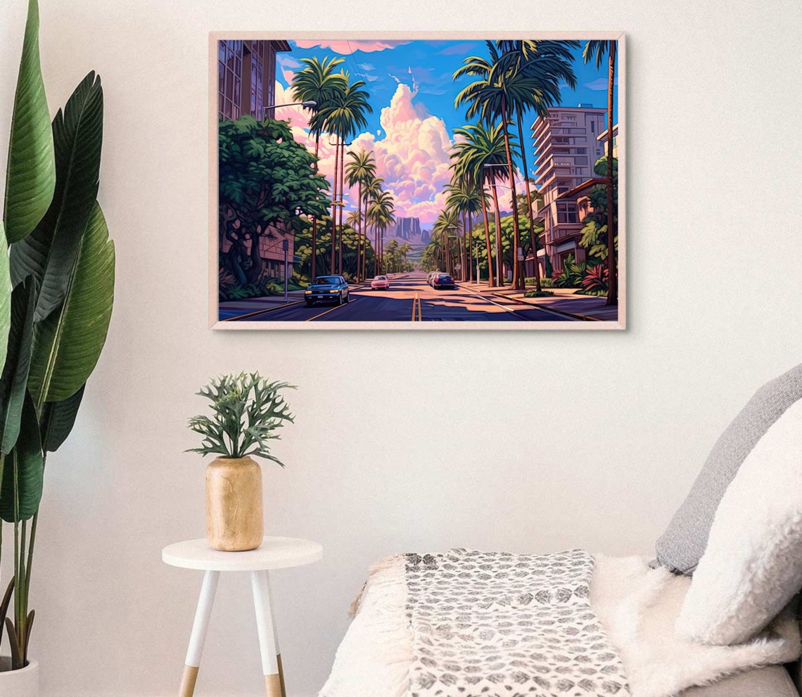 Honolulu Palm-Lined Boulevard Under Pastel Morning Clouds Poster - Image 3