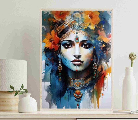 Krishna Watercolor Art Print, Indian Home Decor