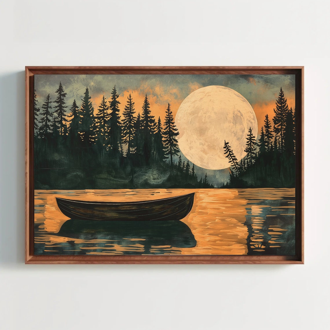 Rowboat On Moonlit Lake With Full Moon And Pine Forest Poster