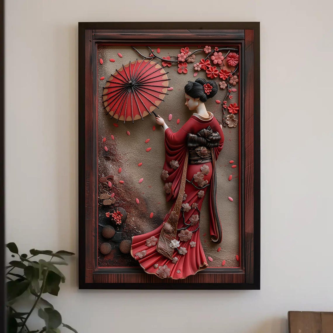 Japanese Geisha In Red Kimono With Umbrella 3D Clay Art Poster