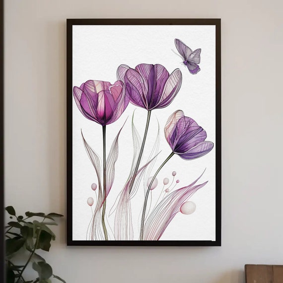 Purple Tulips With Butterfly Print Floral Wall Decor Purple Wall Art Nature Wall Decor Living Room Decor Botanic Framed Print