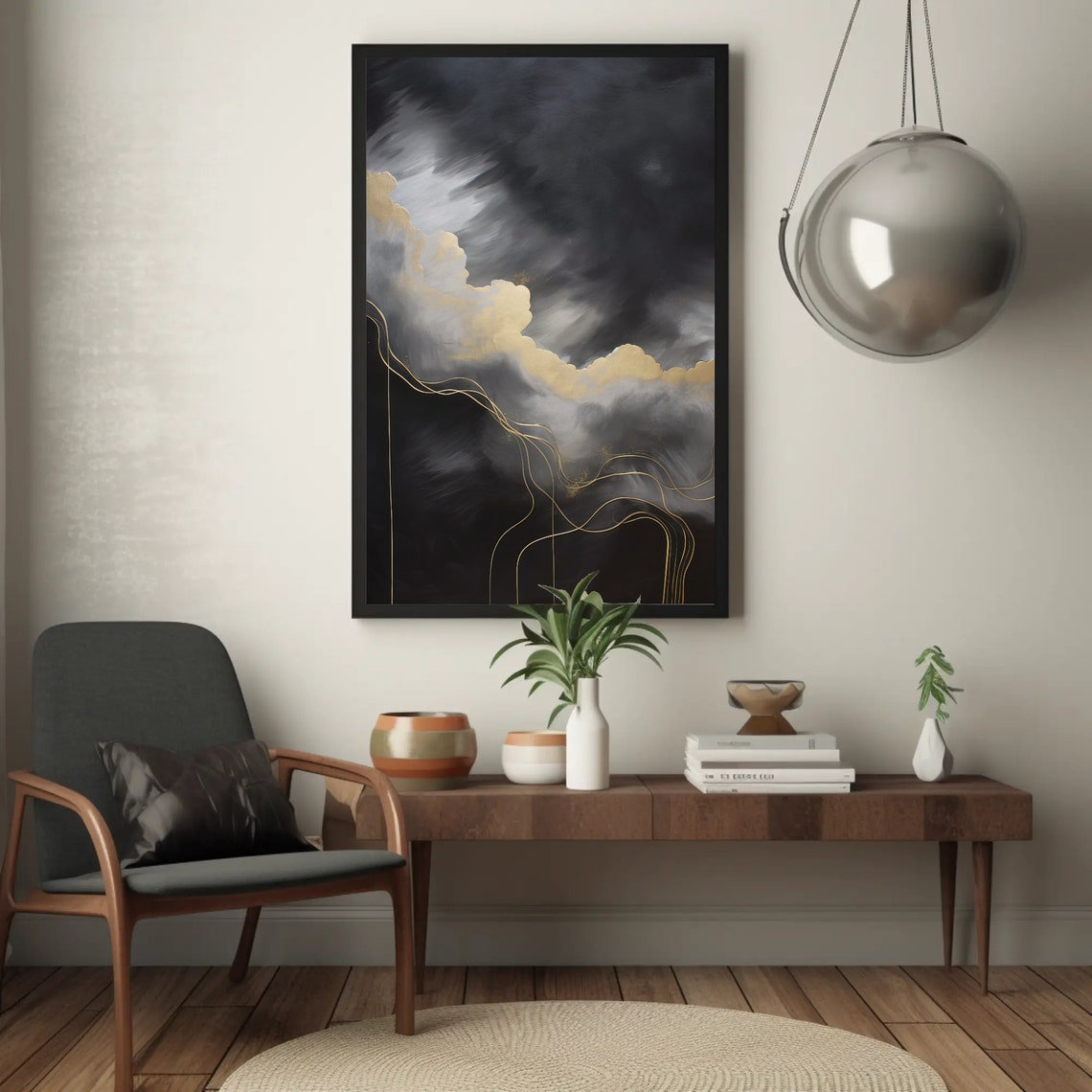 Golden Clouds Raining Gold Print Abstract Wall Art For Living Room And Bedroom Decor Large Golden Cloud Wall Art - Image 5
