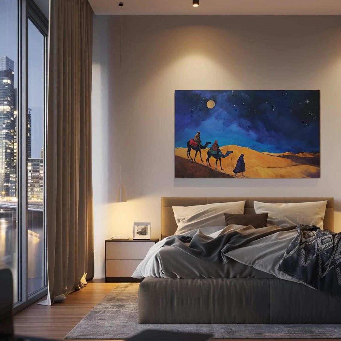Desert Nomads With Camels Under A Starry Moonlit Night Poster - Image 2