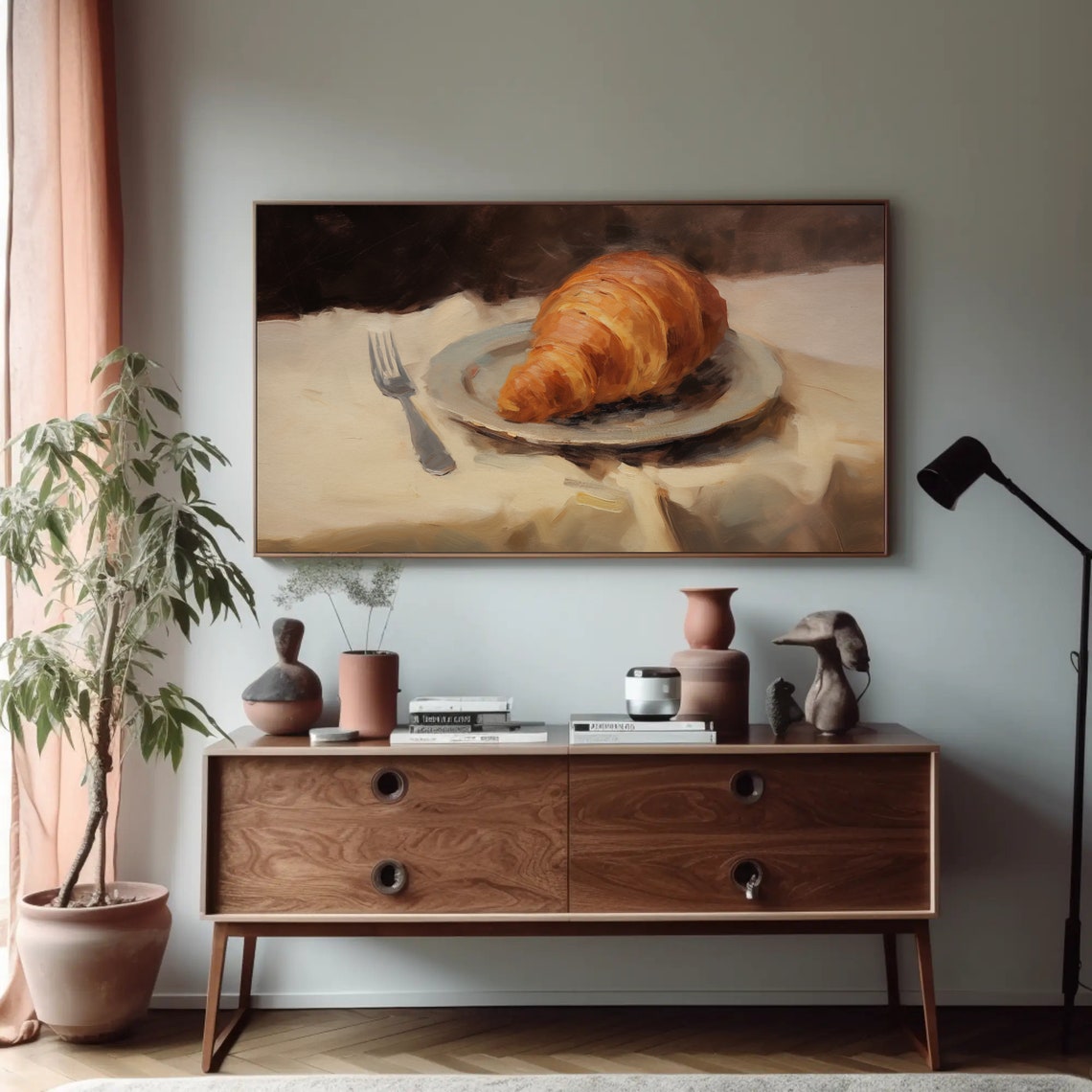 Golden Croissant Oil Painting Still Life on Ceramic Plate Print - Image 5