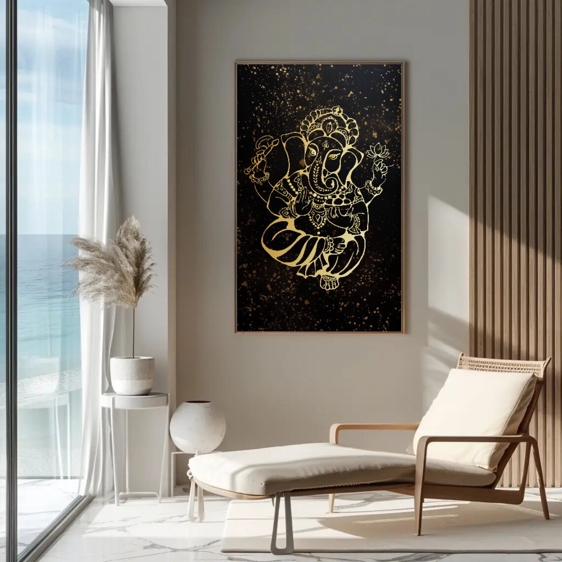 Golden Lord Ganesha Line Art On Black Spiritual Decor Poster - Image 3