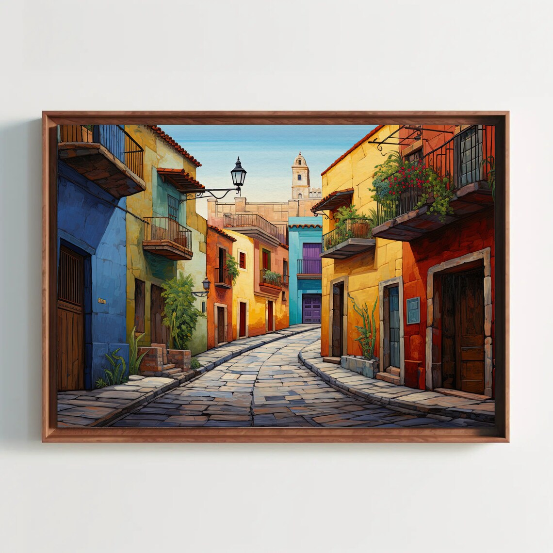Sunlit Mexican Colonial Street with Bright Colorful Facades Poster