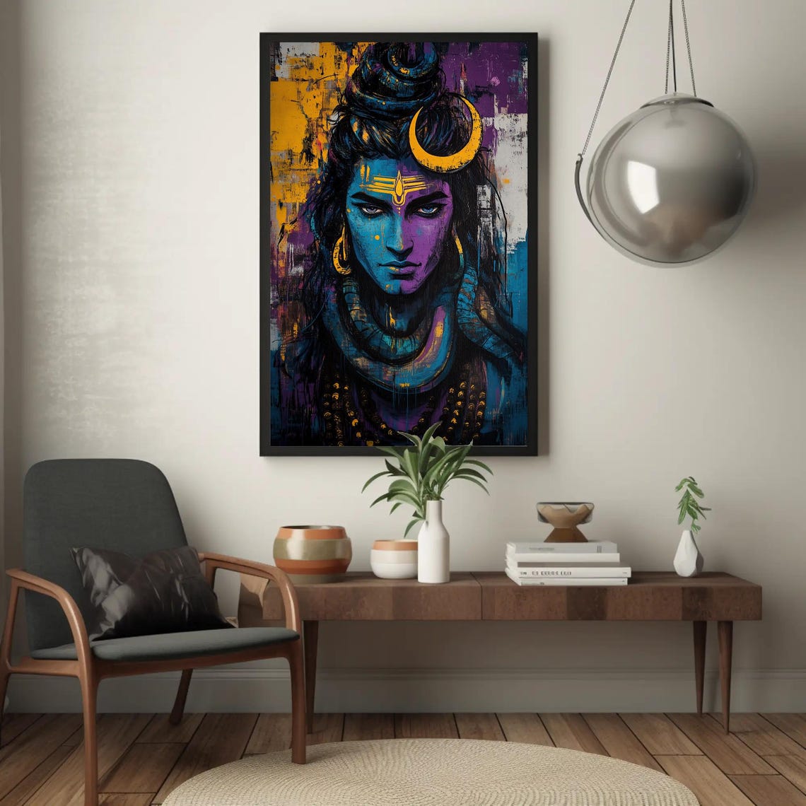 Lord Shiva Modern Portrait with Crescent Moon Blue Art Poster - Image 4