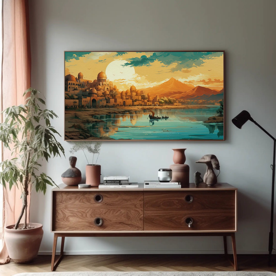 Ancient Domed Indian Riverside City at Sunset Watercolor Poster - Image 4
