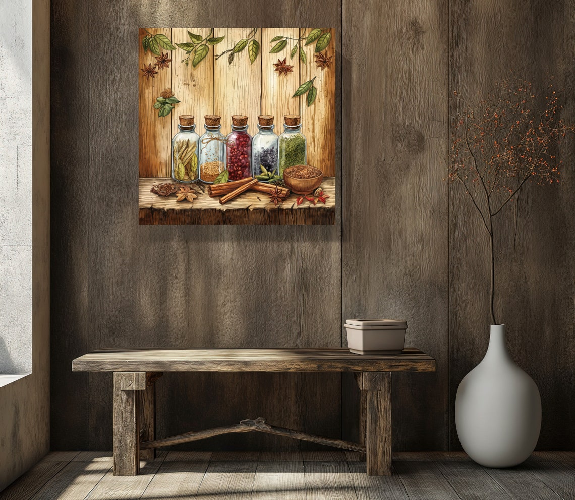 Vintage Glass Spice Jars Rustic Wooden Shelf Kitchen Wall Print - Image 3