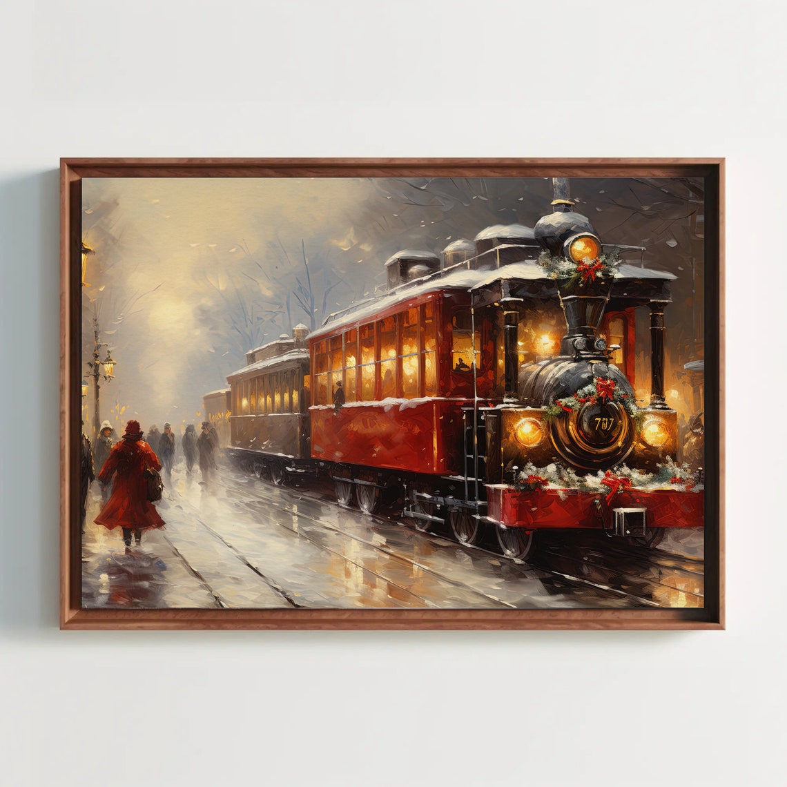 Red Vintage Train in a Snowy Christmas Station Scene Art Poster