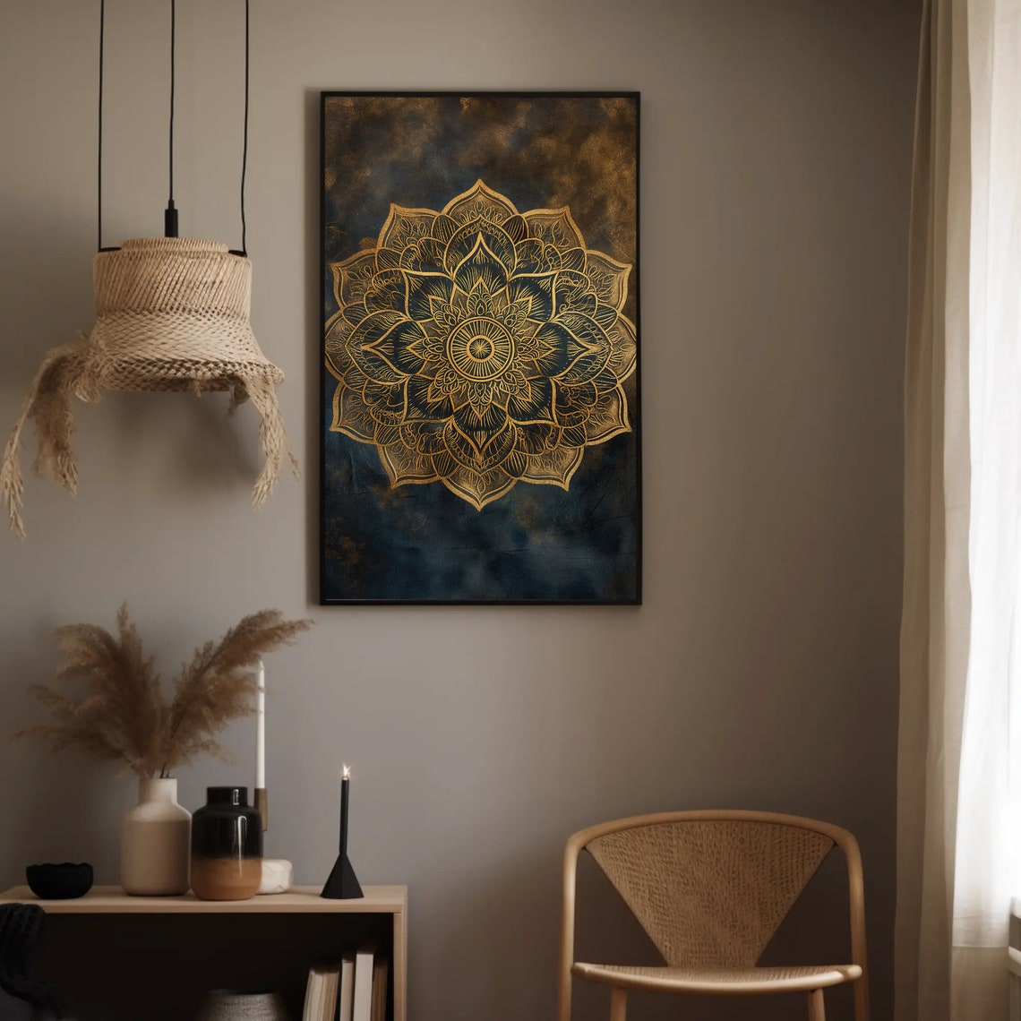 Gold Mandala on Deep Blue Background Yoga Meditation Wall Poster - Image 3