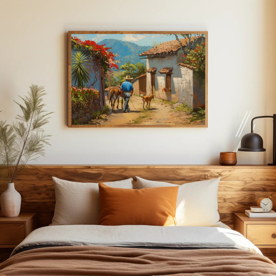 Mexican Village Oil Painting, Man With Dog and Donkey - Image 2