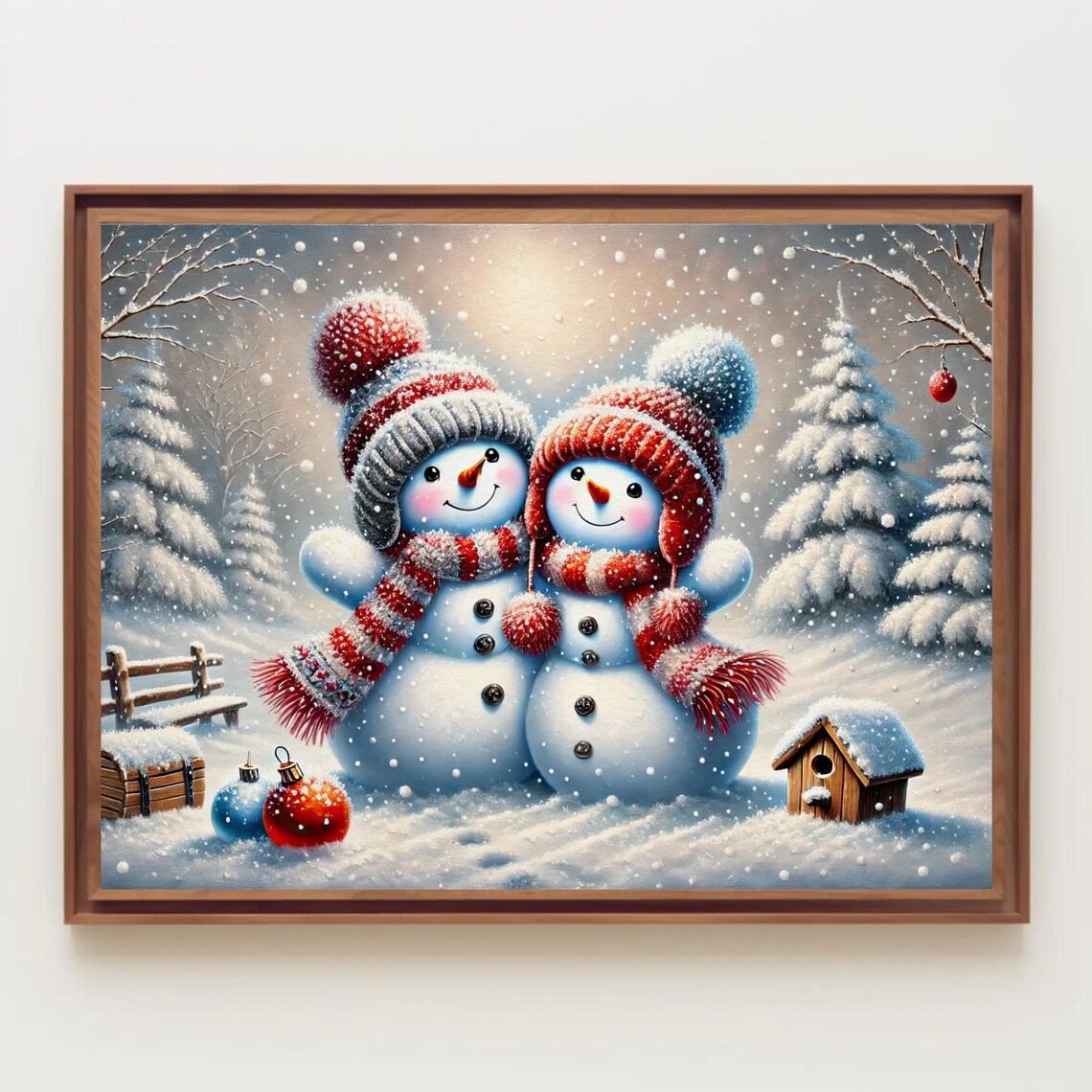 Cute Snowman Couple In A Snowy Christmas Forest Winter Poster - Image 2