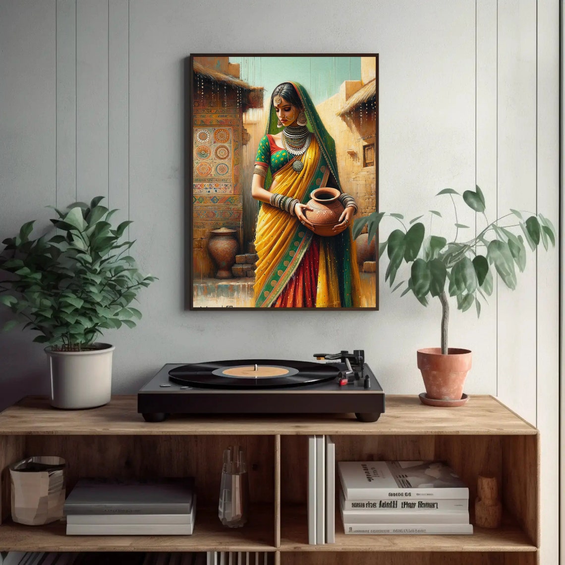 Traditional Indian Woman Holding A Pot Portrait Painting Indian Living Room Decor Desi Wall Art South Asian Painting Framed Print - Image 3