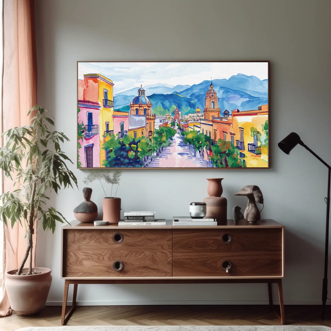 Oaxaca Colonial Street with Churches and Mountains Watercolor Poster - Image 4