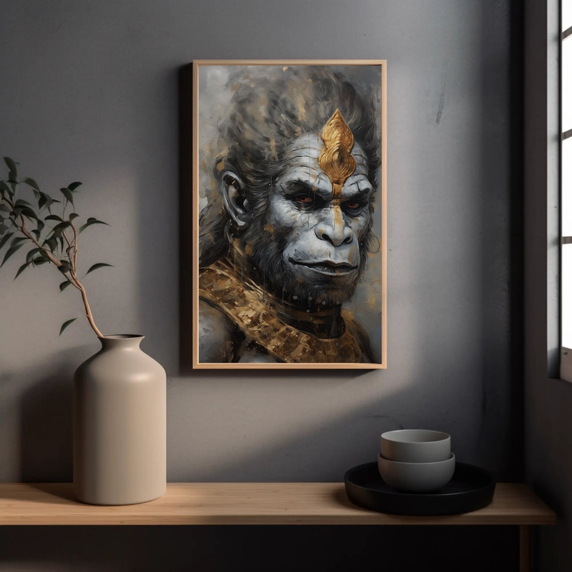 Lord Hanuman Portrait Poster Grey and Gold Hindu Monkey God Art - Image 3