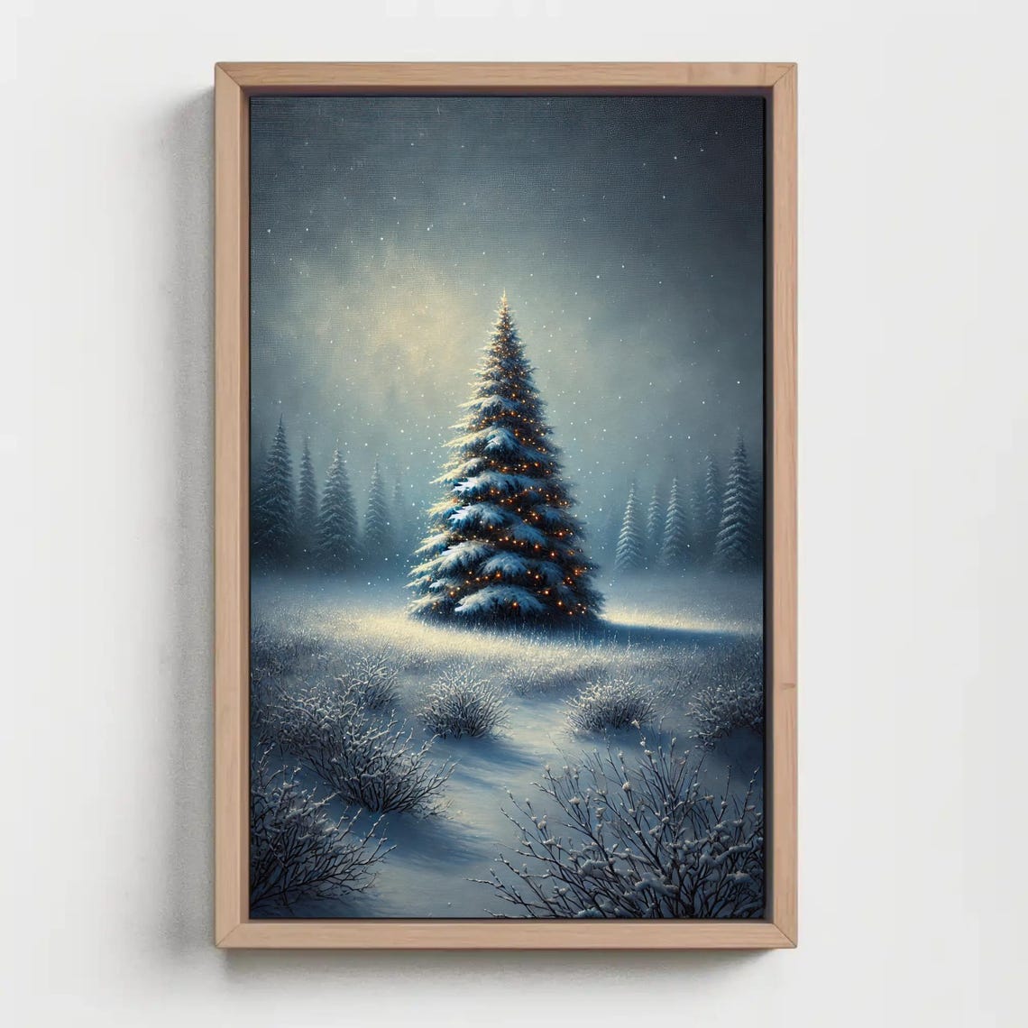 Snowy Pine Tree Glowing In A Misty Winter Night Scene Poster - Image 2