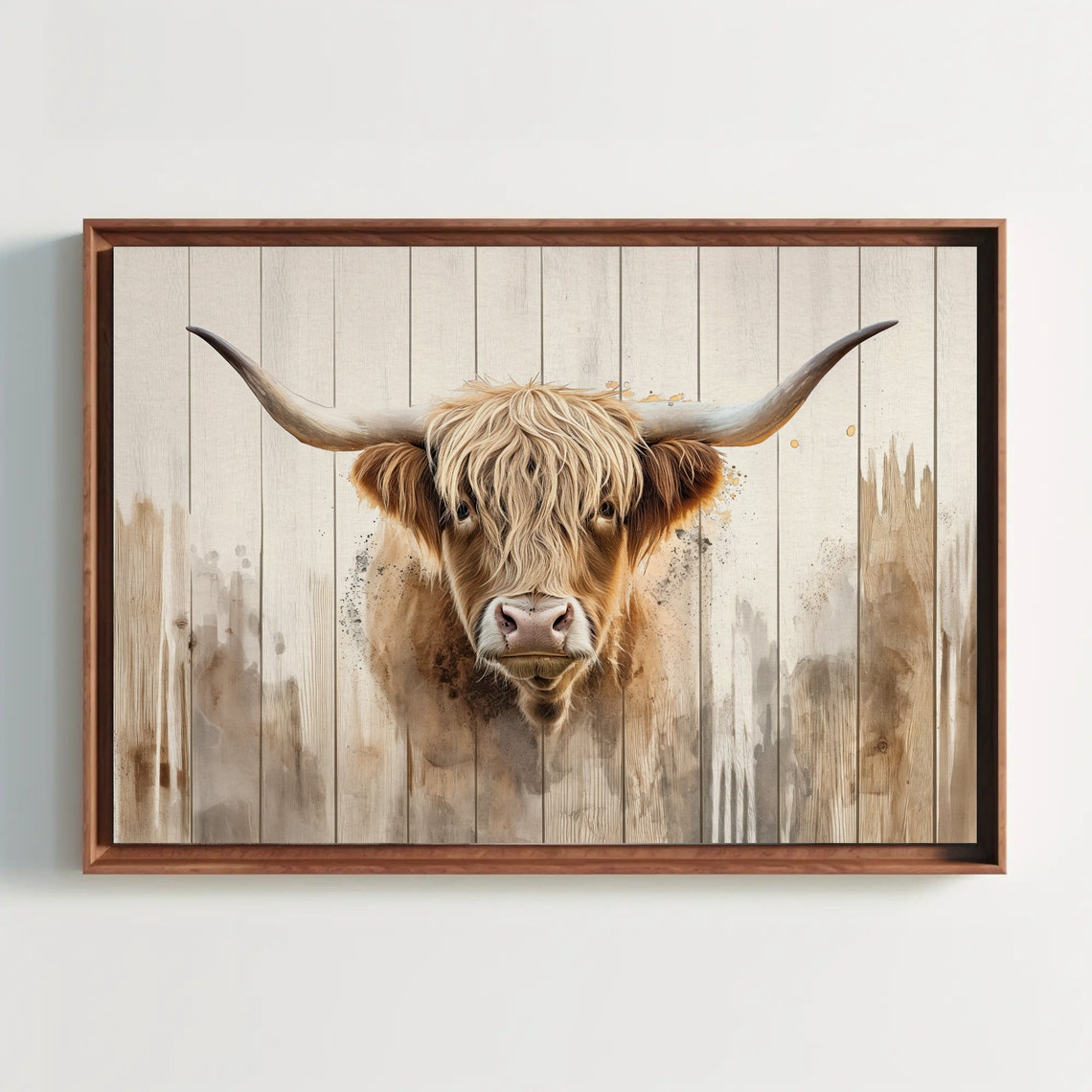 Shaggy Highland Cow Portrait On Rustic Whitewashed Wood Poster