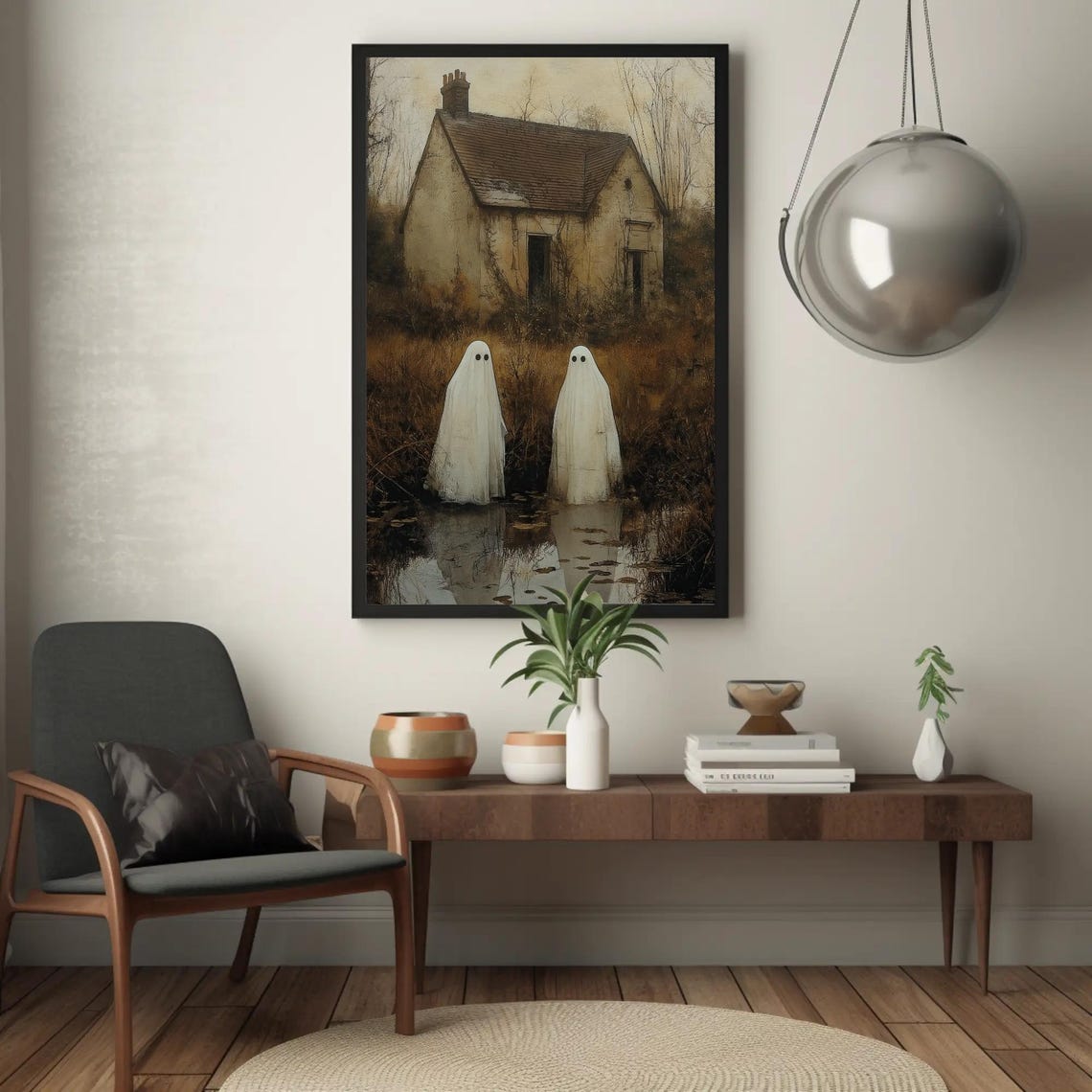 Two Ghosts Abandoned Cottage Pond Reflection Halloween Poster - Image 3