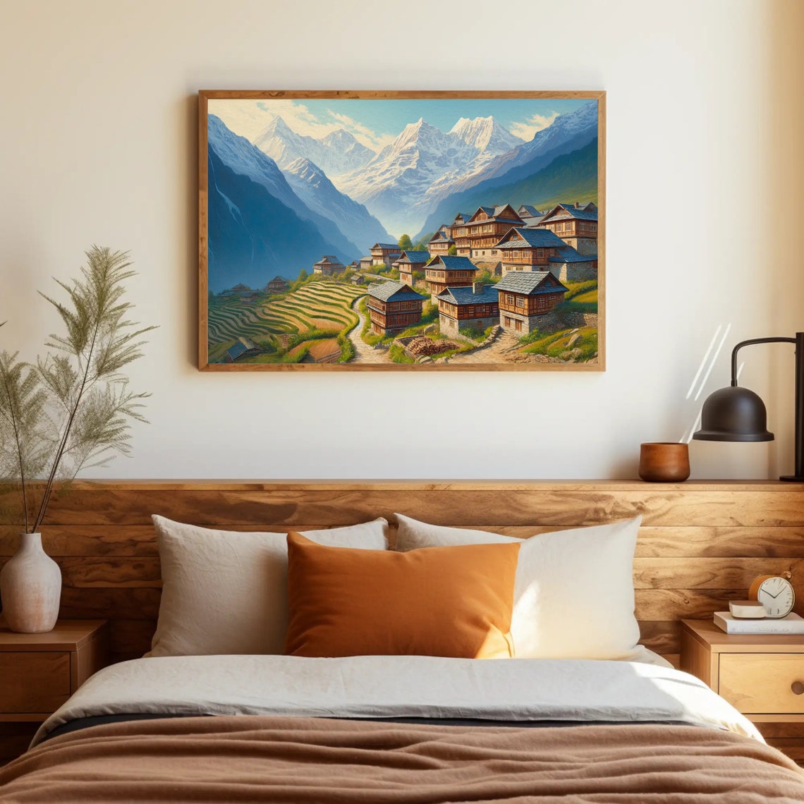 Himalayan Mountain Village Terraced Fields Snow Peaks Painting Poster - Image 5
