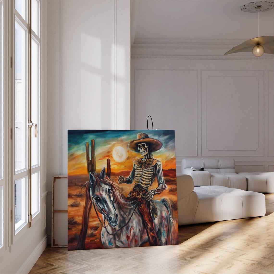 Skeleton Cowboy Riding a White Horse Through Desert Sunset Poster - Image 3