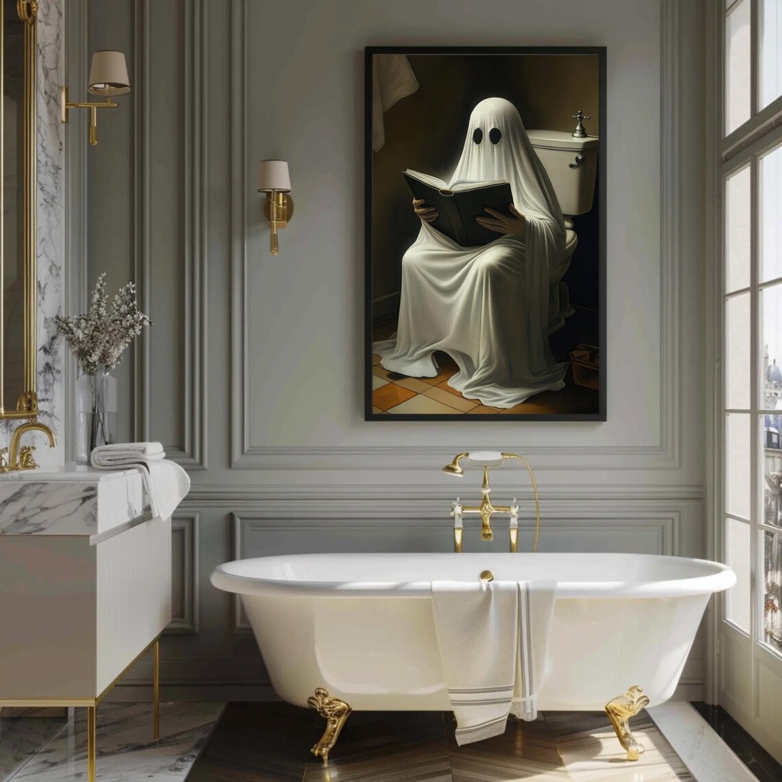 Ghost Reading Book on Toilet Funny Spooky Bathroom Humor Poster - Image 5