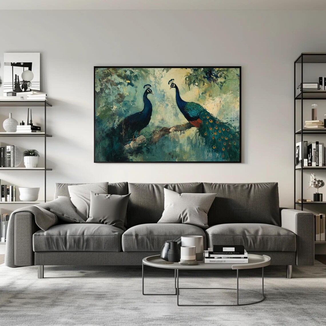 Two Serene Peacocks On A Branch In Sage Green Painting Poster - Image 2