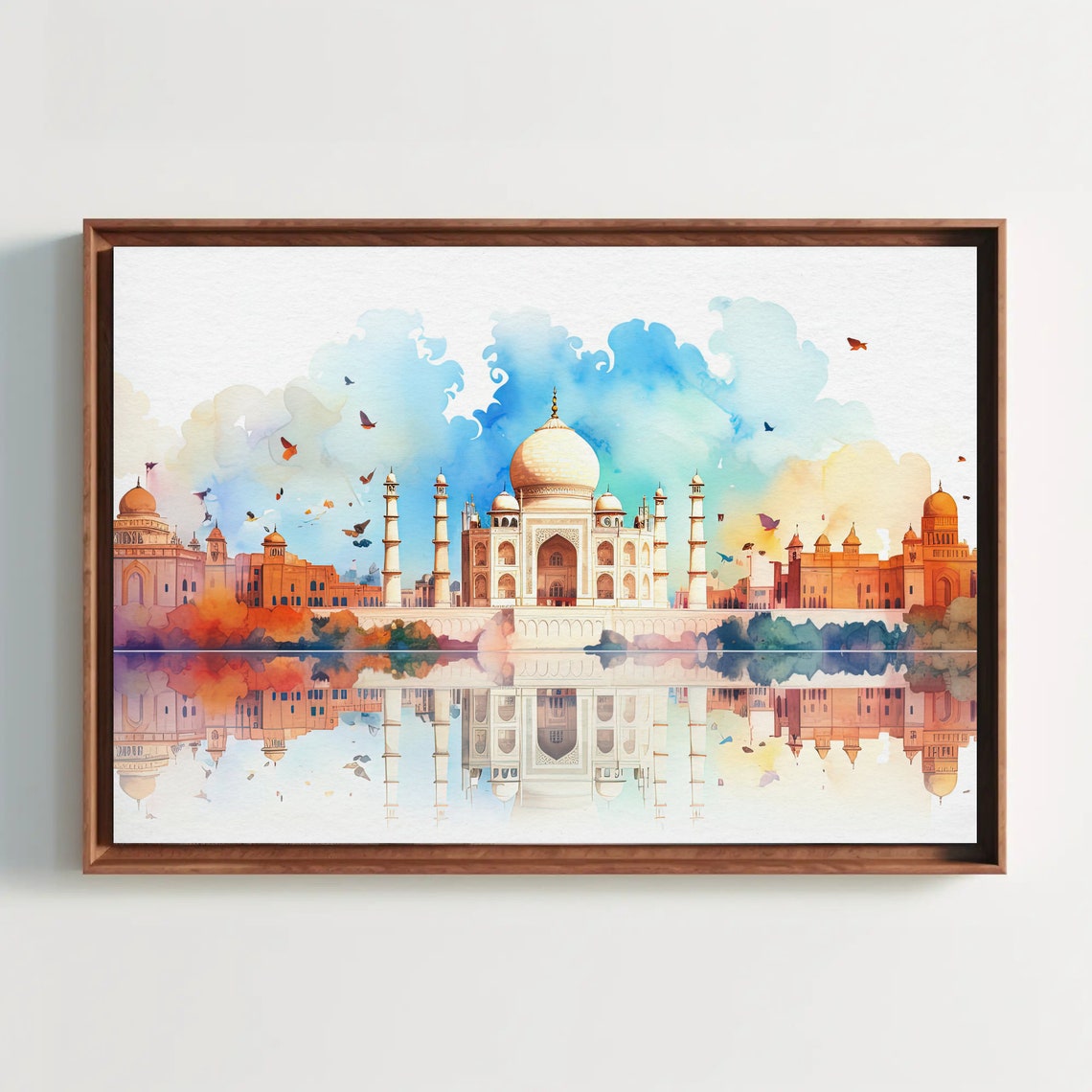 Taj Mahal Watercolor Panorama with Mirrored River Reflection Print - Image 3